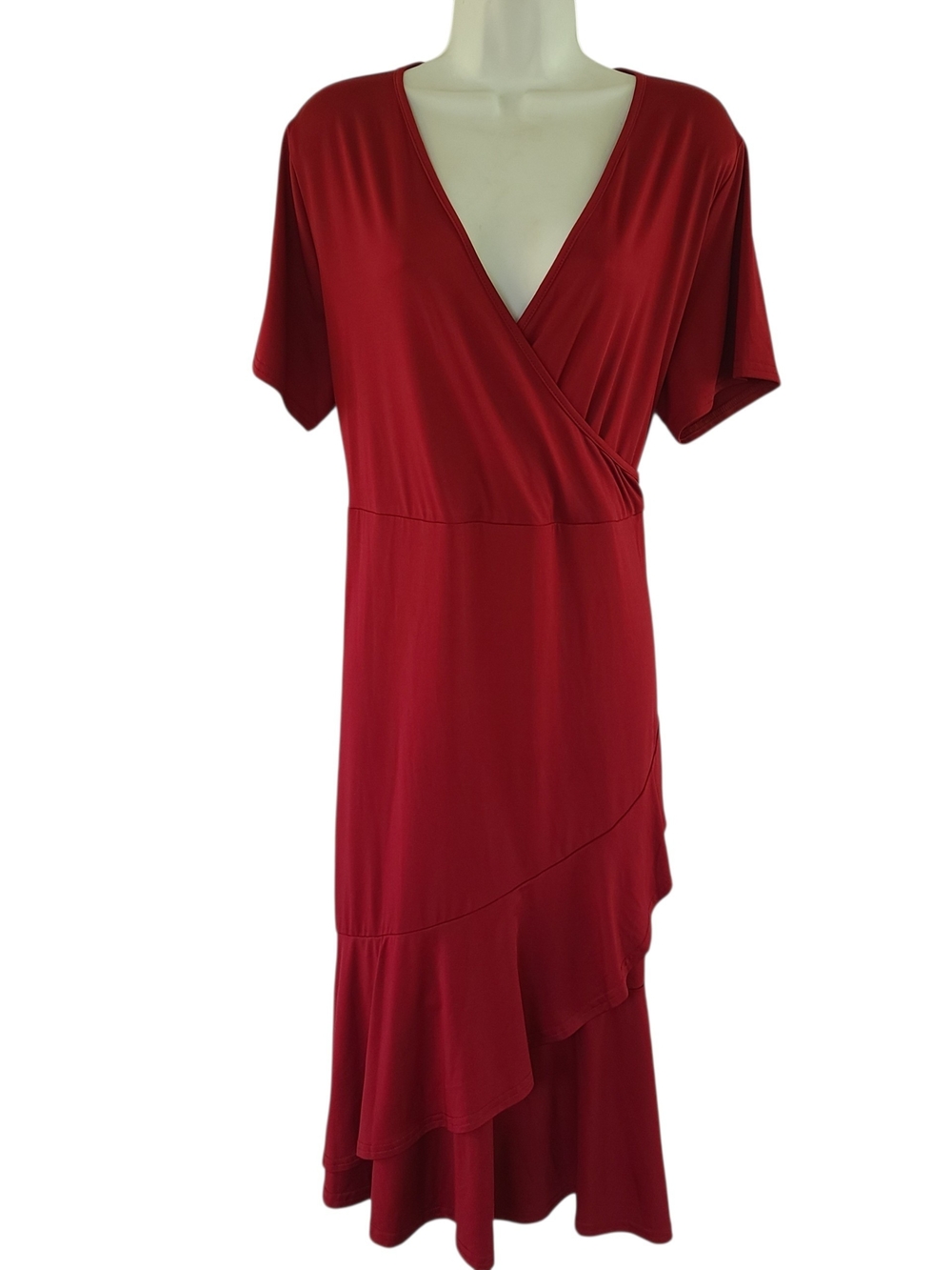 Beigai red short-sleeve midi dress V-neckline and a ruffled wrap skirt Size 2XL